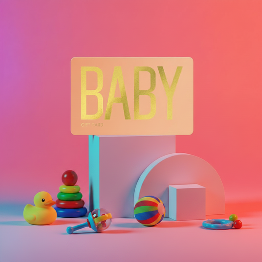 Colorful toys and a 'BABY' sign on a gradient pink and purple background