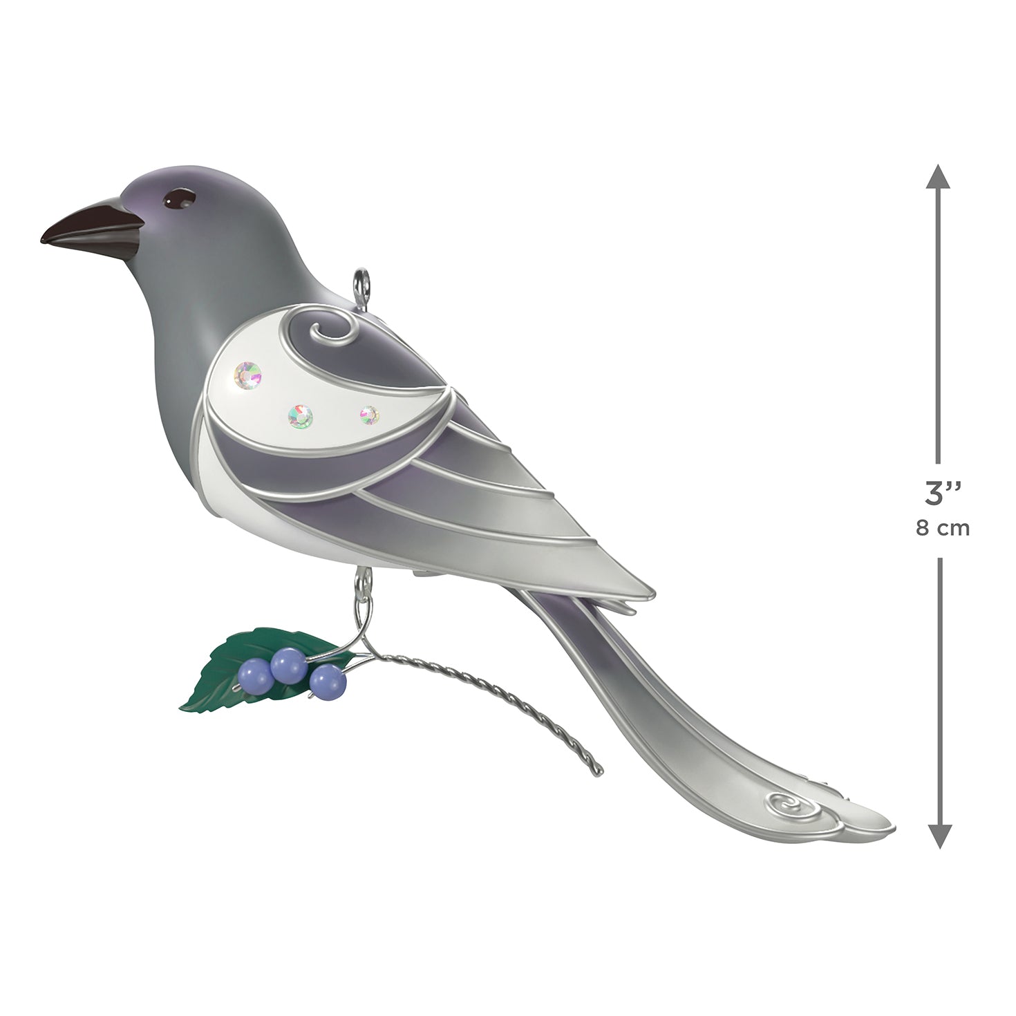 The Beauty of Birds Ghost Magpie — 2026 Hallmark Keepsake Christmas Ornament, grey and white bird, 8 cm long, with berry stem detail.