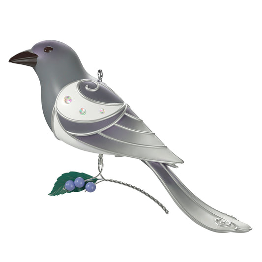 The Beauty of Birds Ghost Magpie — 2026 Hallmark Keepsake Christmas Ornament, metallic grey and white design, detailed with gem embellishments and a berry stem.