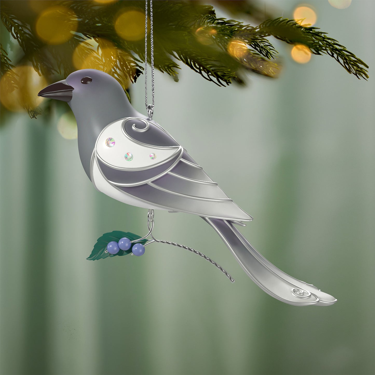 The Beauty of Birds Ghost Magpie — 2026 Hallmark Keepsake Christmas Ornament, elegant grey and white bird ornament with gem details, hanging on a tree.