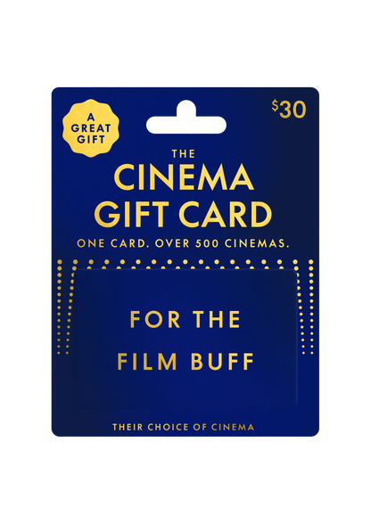 The Cinema Card design featuring a $30 cinema gift card for film lovers with a blue background.