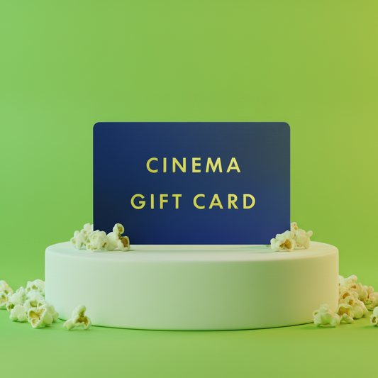 The Cinema Card displayed with popcorn on a podium, promoting the perfect gift for movie lovers.
