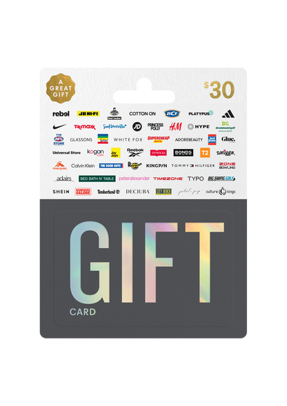 Gift card with brand logos on a white background