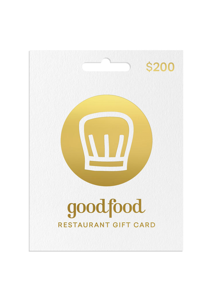 Goodfood restaurant gift card with a gold circle and white logo on a white background
