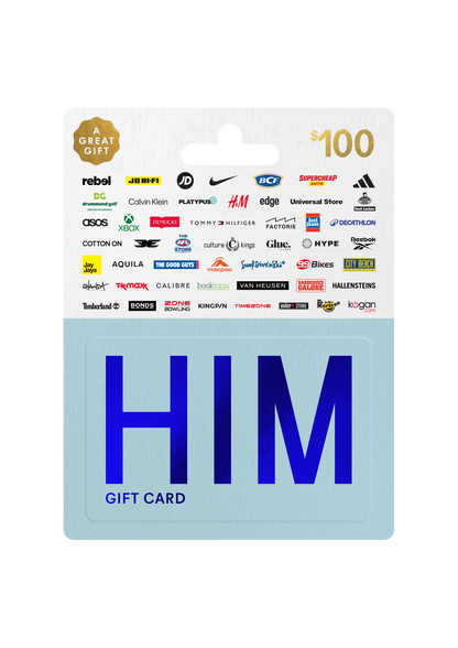 Gift card with 'HIM' text and brand logos on a white background