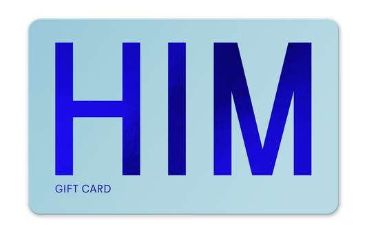 Gift card with 'HIM' text on a light blue background