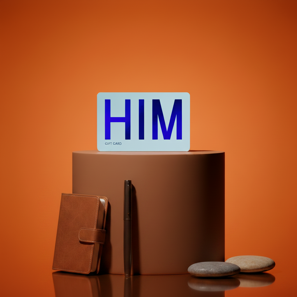 Gift card with 'HIM' on a brown podium against an orange background