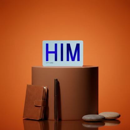 Gift card with 'HIM' on a brown podium against an orange background