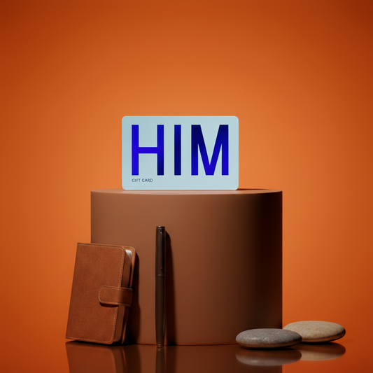 Gift card with 'HIM' on a brown podium against an orange background