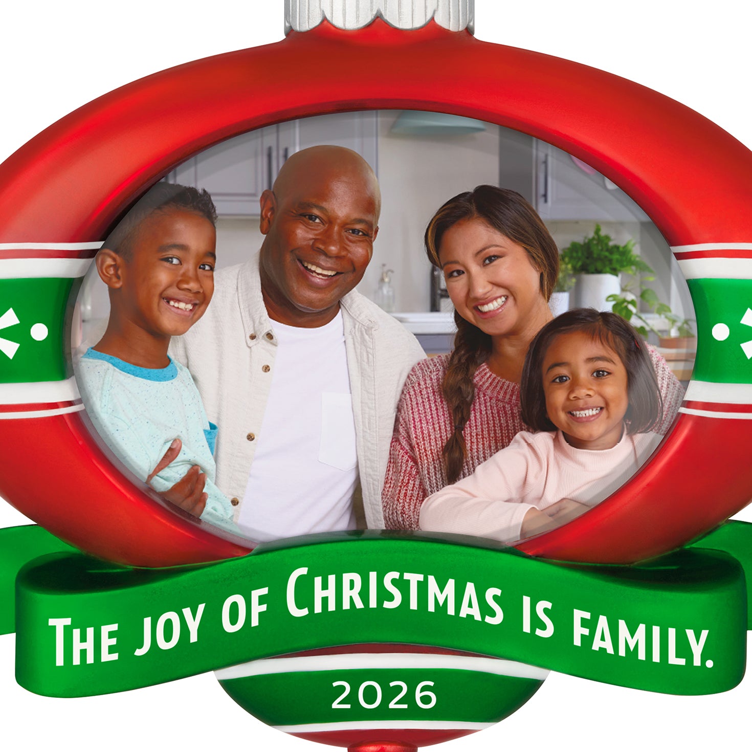 The Joy of Christmas 2026 Photo Frame — 2026 Hallmark Keepsake Christmas Ornament, featuring a family portrait in a bright red and green design.