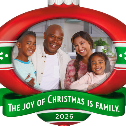 The Joy of Christmas 2026 Photo Frame — 2026 Hallmark Keepsake Christmas Ornament, featuring a family portrait in a bright red and green design.