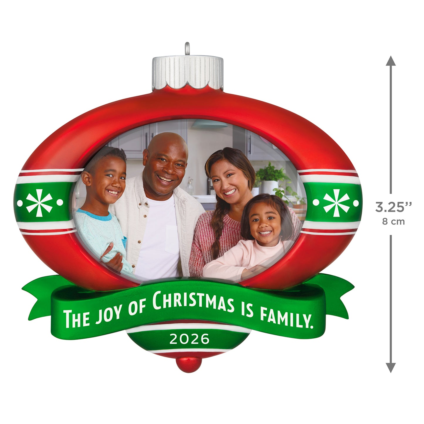 The Joy of Christmas 2026 Photo Frame — 2026 Hallmark Keepsake Christmas Ornament in red and green with a family photo.