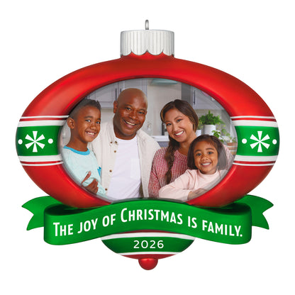 The Joy of Christmas 2026 Photo Frame — 2026 Hallmark Keepsake Christmas Ornament featuring a family photo in a red and green ornament style.