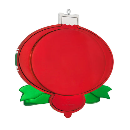 The Joy of Christmas 2026 Photo Frame — 2026 Hallmark Keepsake Christmas Ornament in red and green with a cute bow, showing the oval photo slot.