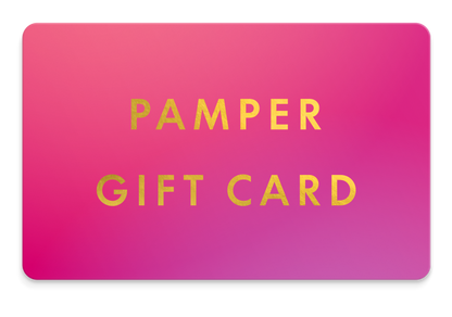 Pamper gift card with pink and purple gradient background and yellow text.