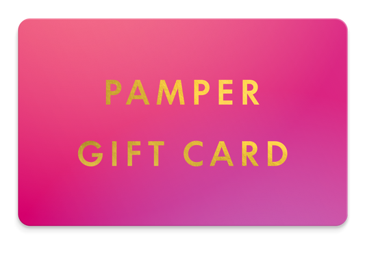 Pamper gift card with pink and purple gradient background and yellow text.