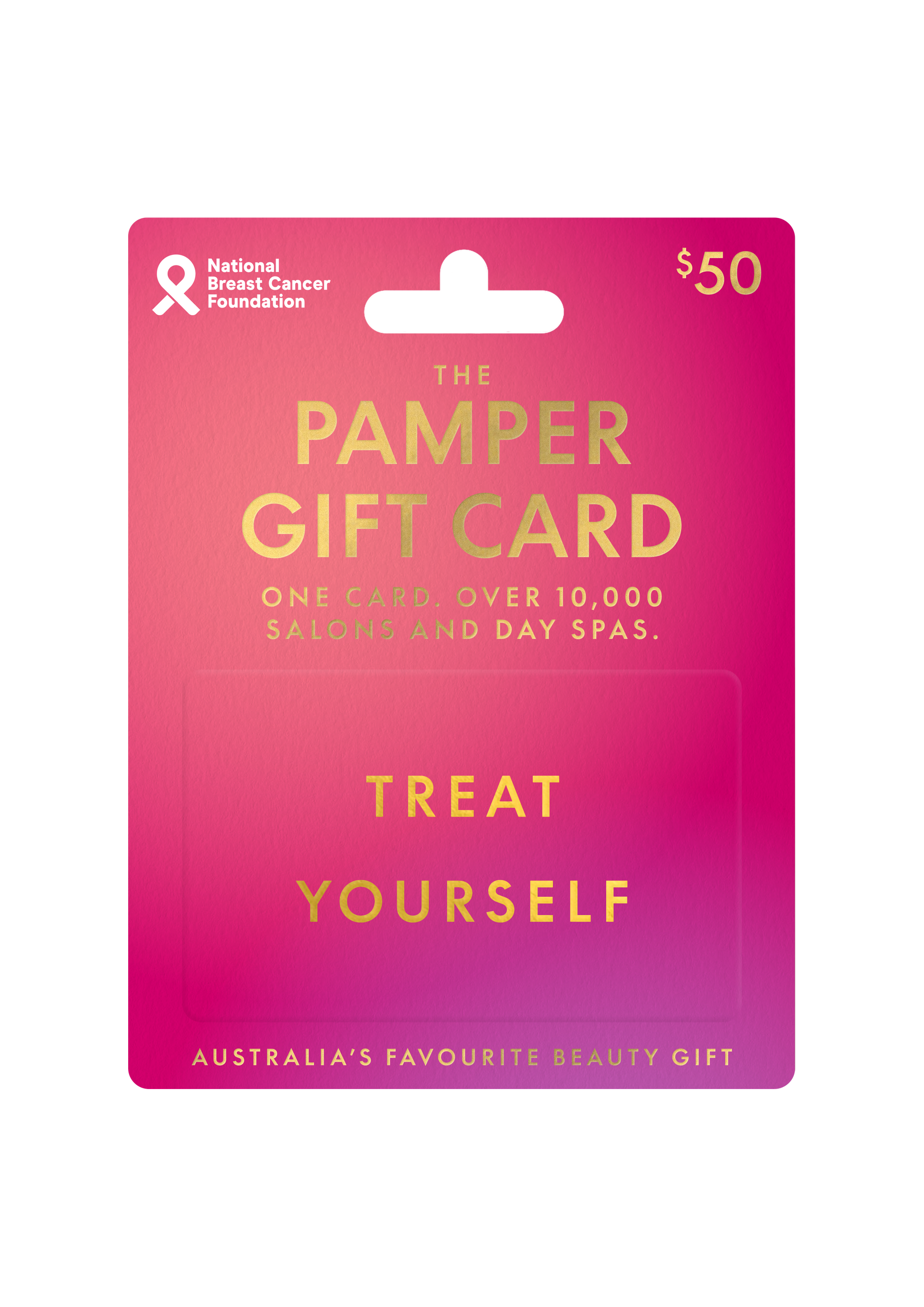Pamper gift card with pink gradient and gold text on a white background