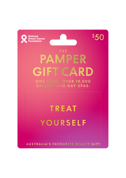 Pamper gift card with pink gradient and gold text on a white background