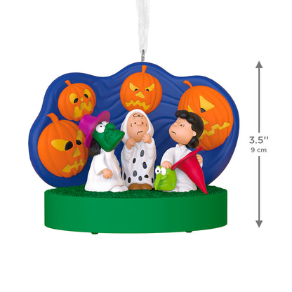 The Peanuts® Gang 60th Anniversary Spooked Trick-or-Treaters With Light and Sound — 2026 Hallmark Keepsake Halloween Ornament, featuring three characters in costumes with jack-o'-lanterns.