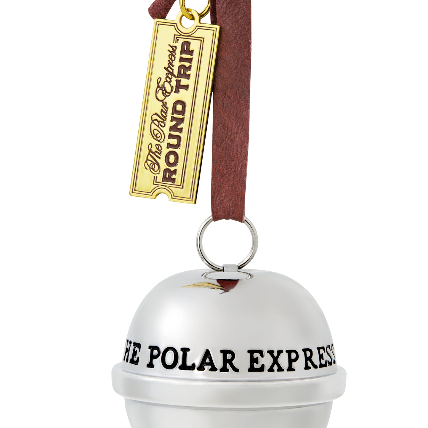 The Polar Express™, Santa's Sleigh Bell 2026, metal Christmas ornament with faux leather hanger and gold train ticket.