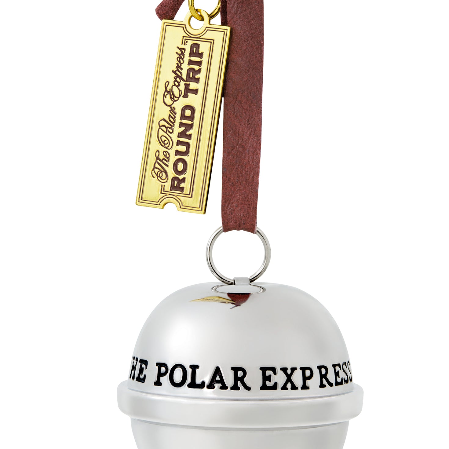 The Polar Express™, Santa's Sleigh Bell 2026, metal Christmas ornament with faux leather hanger and gold train ticket.