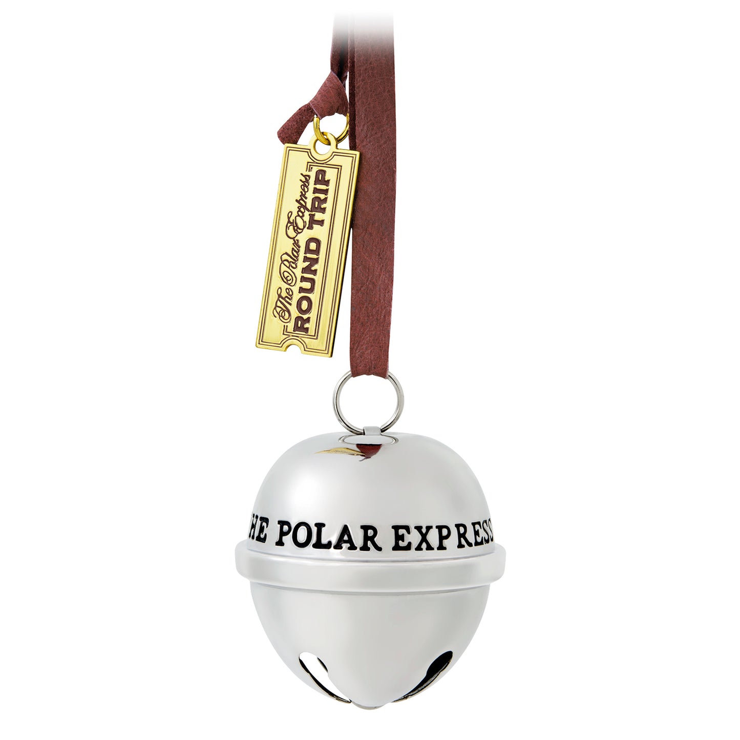 The Polar Express™, Santa's Sleigh Bell 2026, metal ornament with gold ticket tag and faux leather hanger, close-up view.