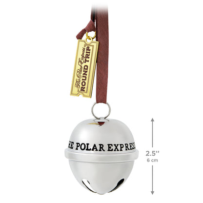 The Polar Express™, Santa's Sleigh Bell 2026, metal ornament with faux leather hanger and tiny gold ticket tag, close up view.