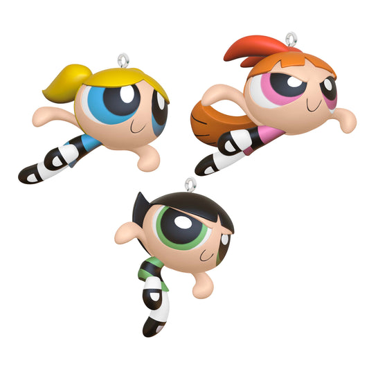 The Powerpuff Girls Blossom™, Bubbles™ and Buttercup™ ornaments, set of 3 — colourful, plastic figures in action poses, Hallmark Keepsake.