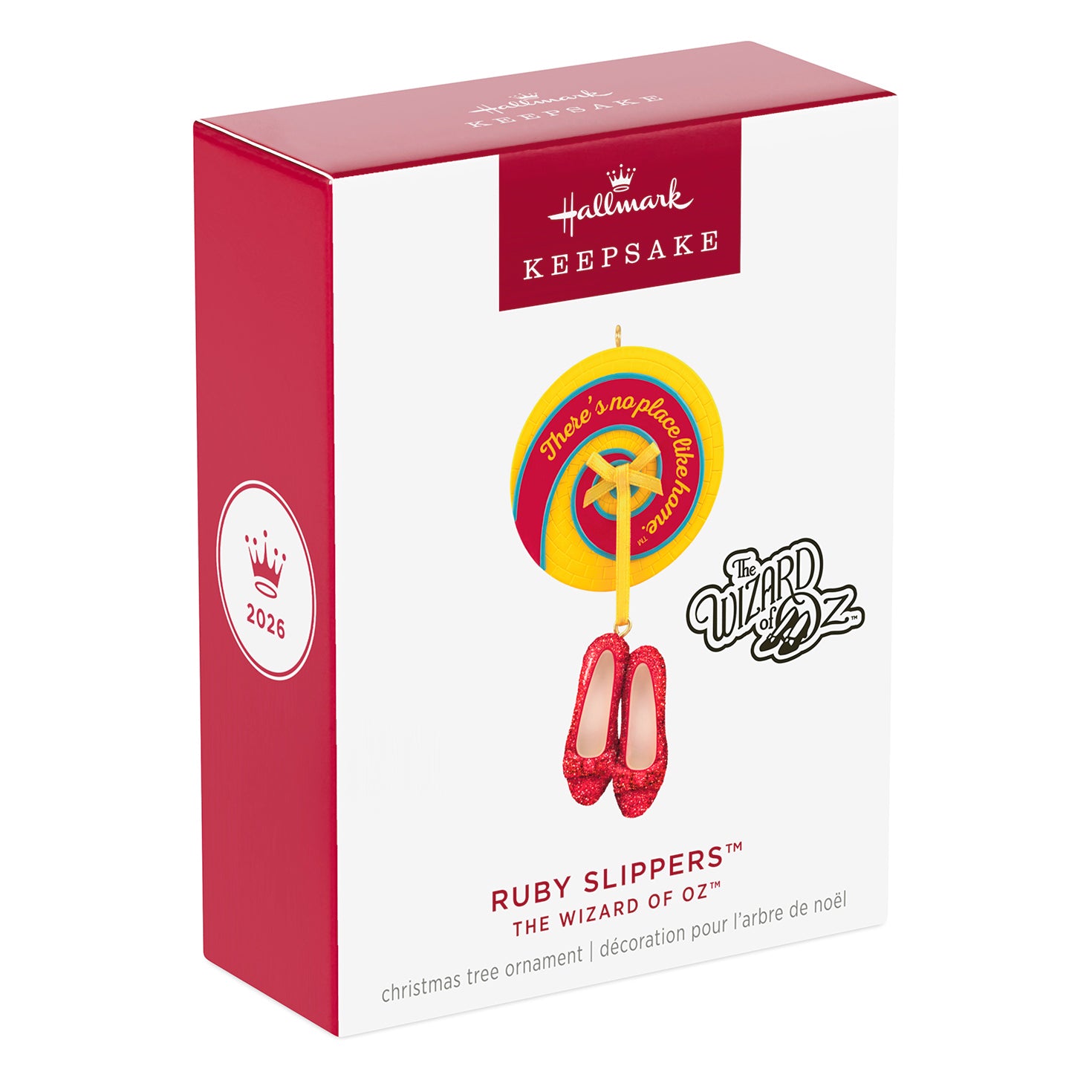 The Wizard of Oz™ Ruby Slippers — 2026 Hallmark Keepsake Christmas Ornament in decorative packaging, featuring a yellow medallion.