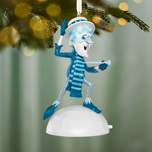 The Year Without a Santa Claus™ Snow Miser With Light — 2026 Hallmark Keepsake Christmas Ornament hanging on a tree, detailed blue costume.