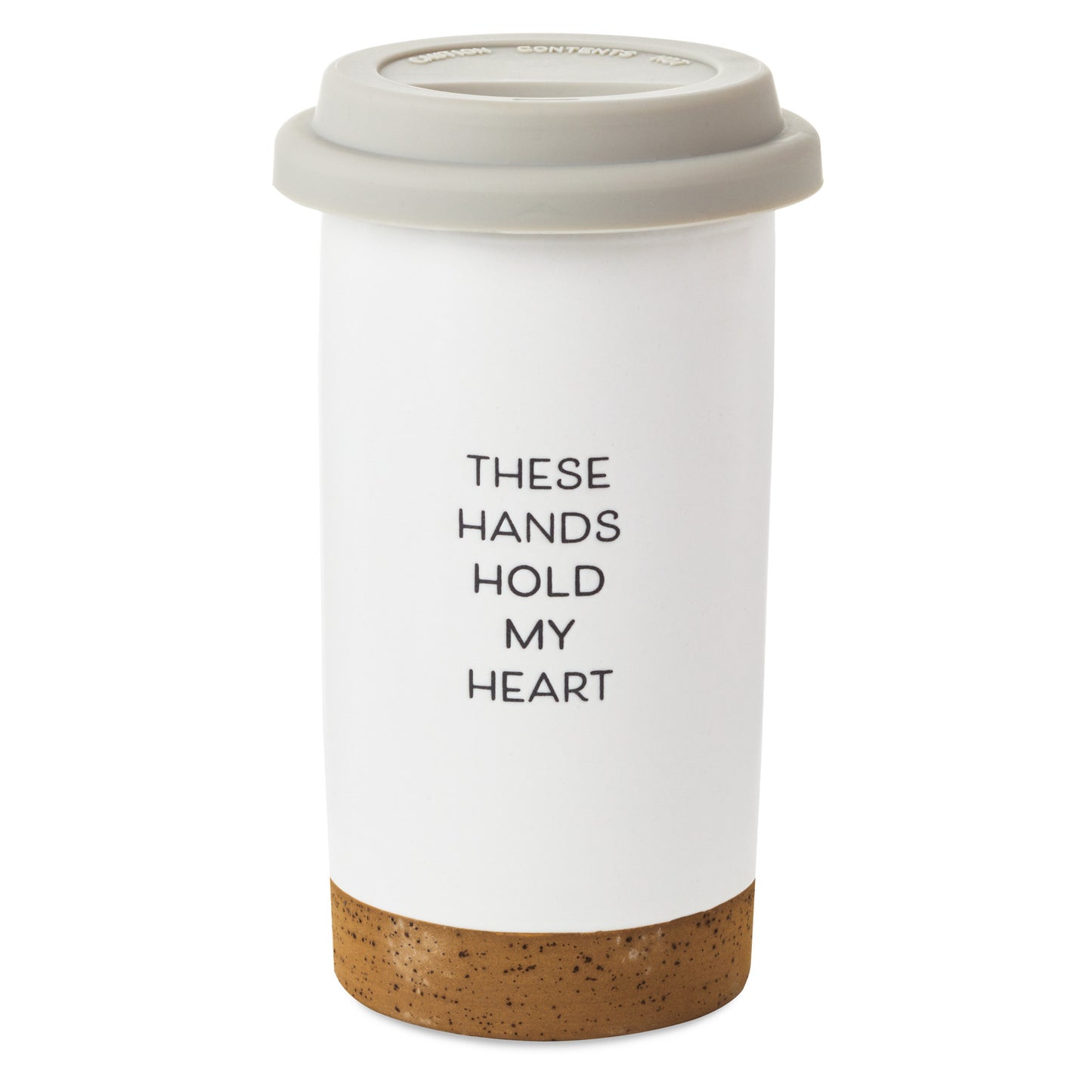 These Hands Hold My Heart Ceramic Travel Mug, 12.5 oz., white with cork base and grey silicone lid, angled view.