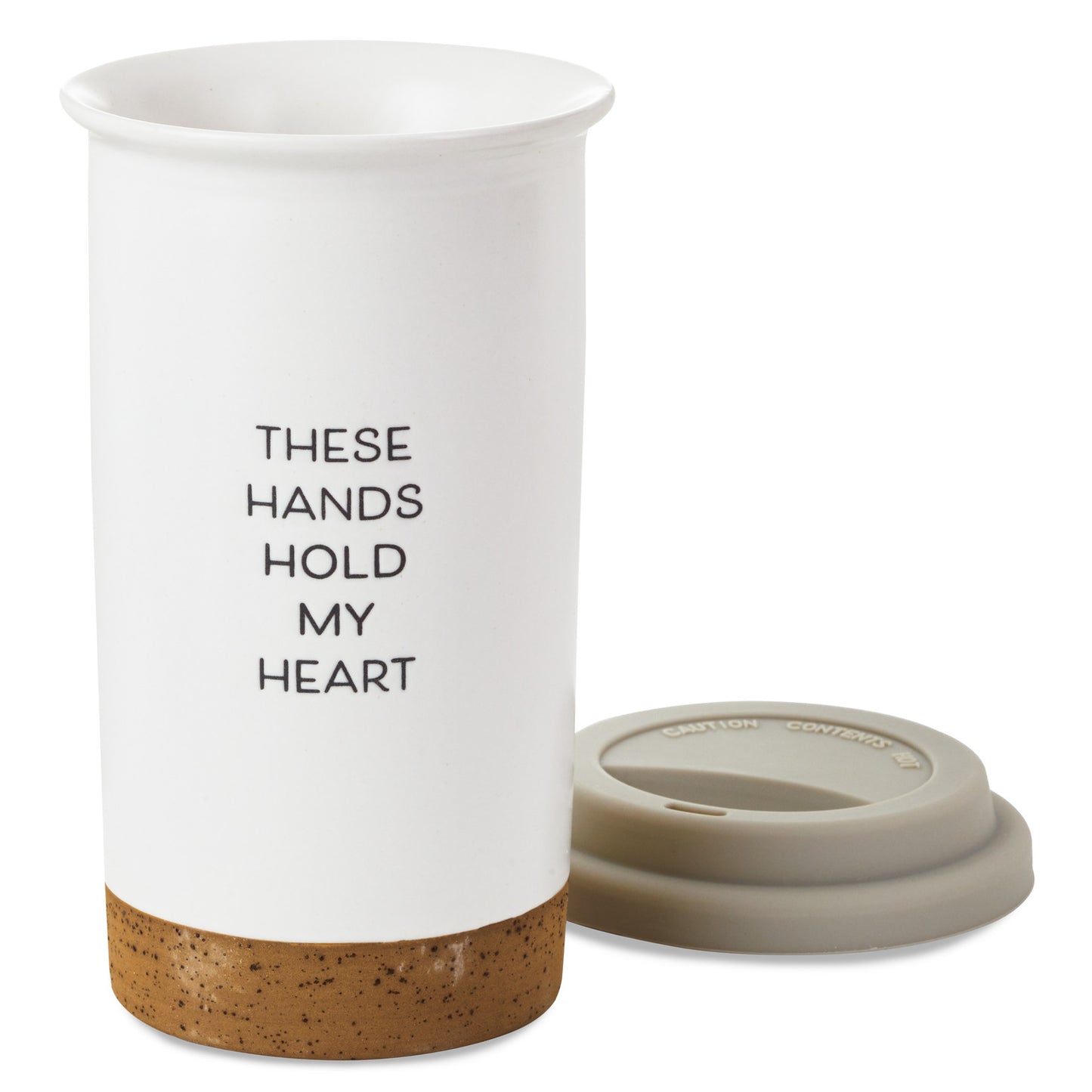 These Hands Hold My Heart Ceramic Travel Mug, 12.5 oz., white with cork base and silicone lid, close-up view