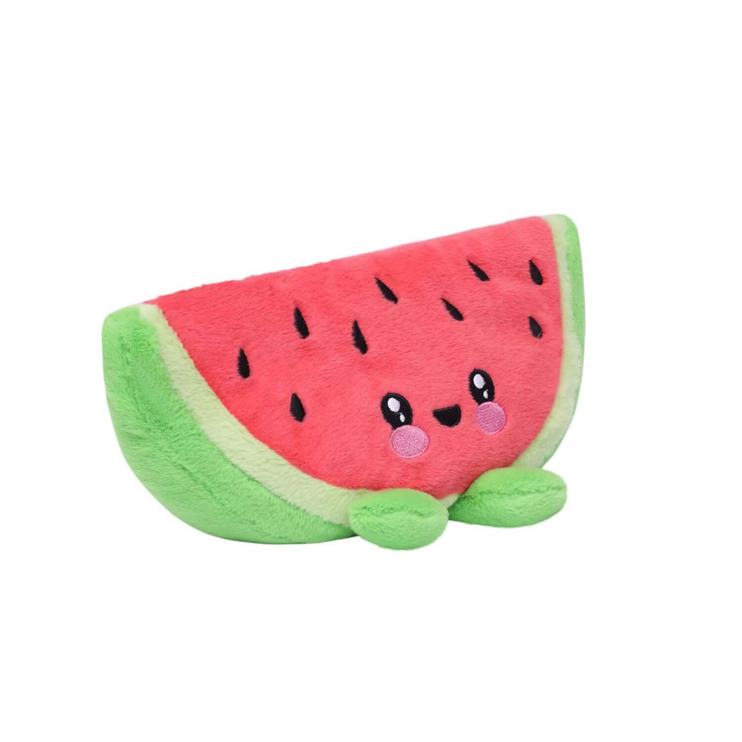 Toasty Hugs Quotes Winnie Watermelon plush toy, bright pink and green, cute smiling face, angled view showcasing detail.