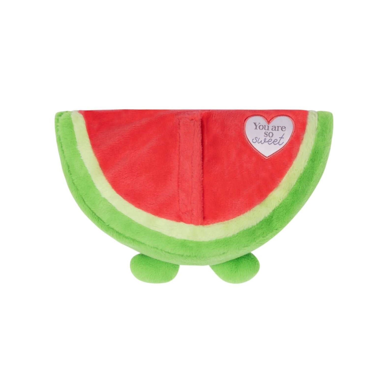 Toasty Hugs Quotes Winnie Watermelon plush toy in a vibrant watermelon design, featuring a heartfelt message and soft texture.