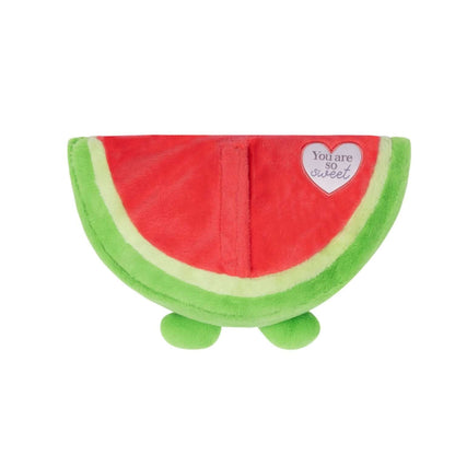 Toasty Hugs Quotes Winnie Watermelon plush toy in a vibrant watermelon design, featuring a heartfelt message and soft texture.