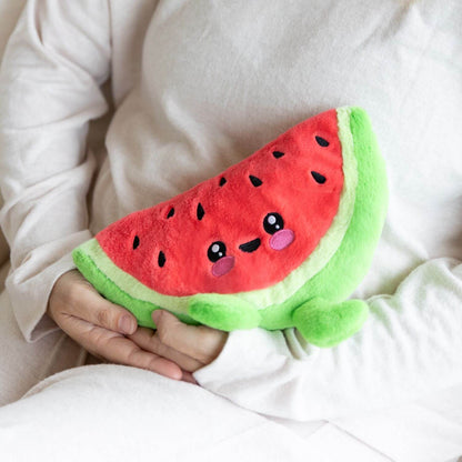 Toasty Hugs Quotes Winnie Watermelon plush toy being held by a person, featuring bright red and green colours with cute face details.