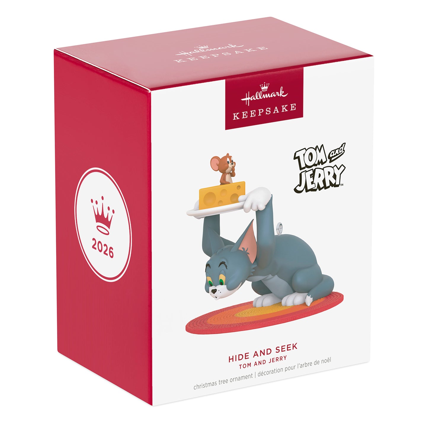 Tom and Jerry™ Hide and Seek — 2026 Hallmark Keepsake Christmas Ornament box design featuring Tom and Jerry with cheese.