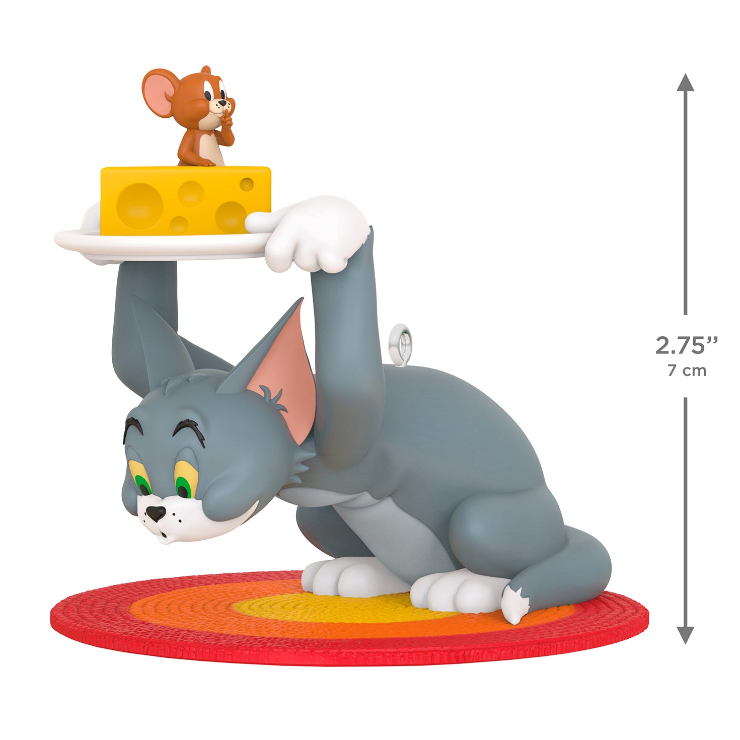 Tom and Jerry™ Hide and Seek — 2026 Hallmark Keepsake Christmas Ornament features Tom holding cheese over Jerry on a round rug.