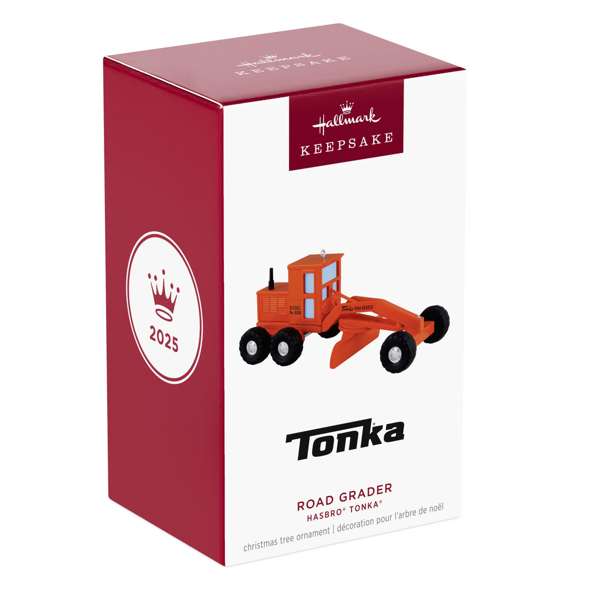 Hasbro® Tonka®, Road Grader — 2025 Hallmark Keepsake Christmas Ornament in decorative packaging, showcasing detailed design.