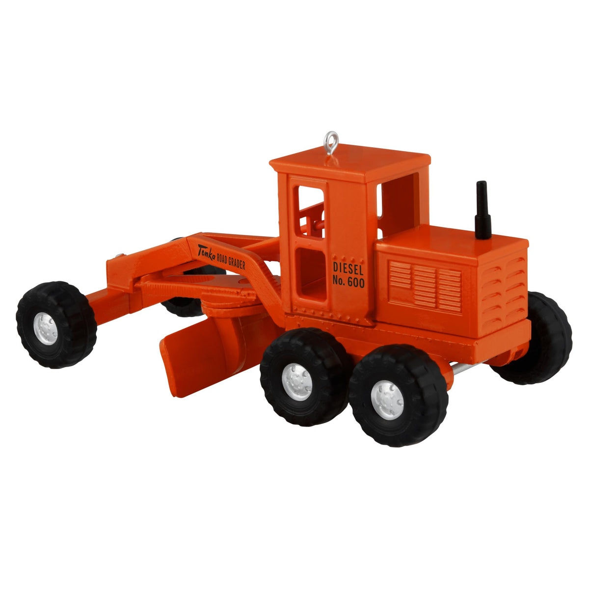 Hasbro® Tonka®, Road Grader — 2025 Hallmark Keepsake Christmas Ornament in orange die-cast metal with turning wheels, side view.