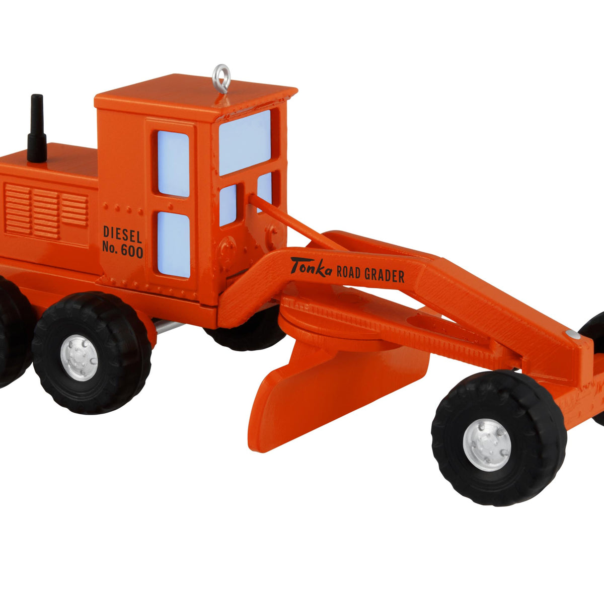 Hasbro® Tonka®, Road Grader — 2025 Hallmark Keepsake Christmas Ornament, orange die-cast metal, side view showing detailed design.