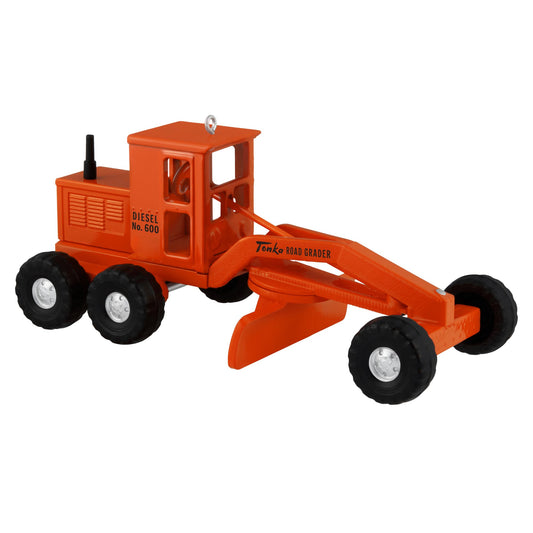 Hasbro® Tonka®, Road Grader — 2025 Hallmark Keepsake Christmas Ornament in orange die-cast metal, front view, with detailed wheels.