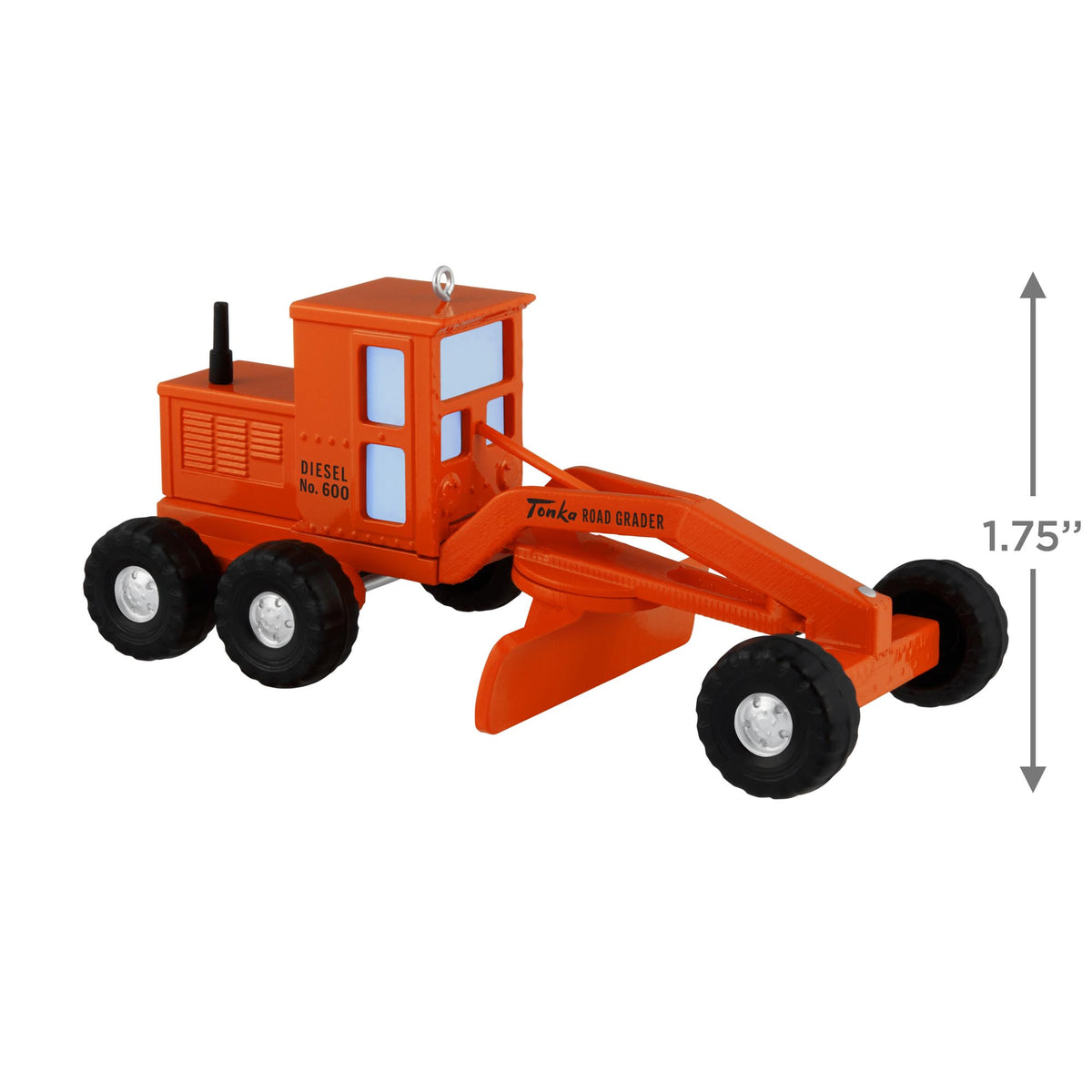 Hasbro® Tonka®, Road Grader — 2025 Hallmark Keepsake Christmas Ornament, orange die-cast metal toy, detailed front view, 4.4 cm tall.