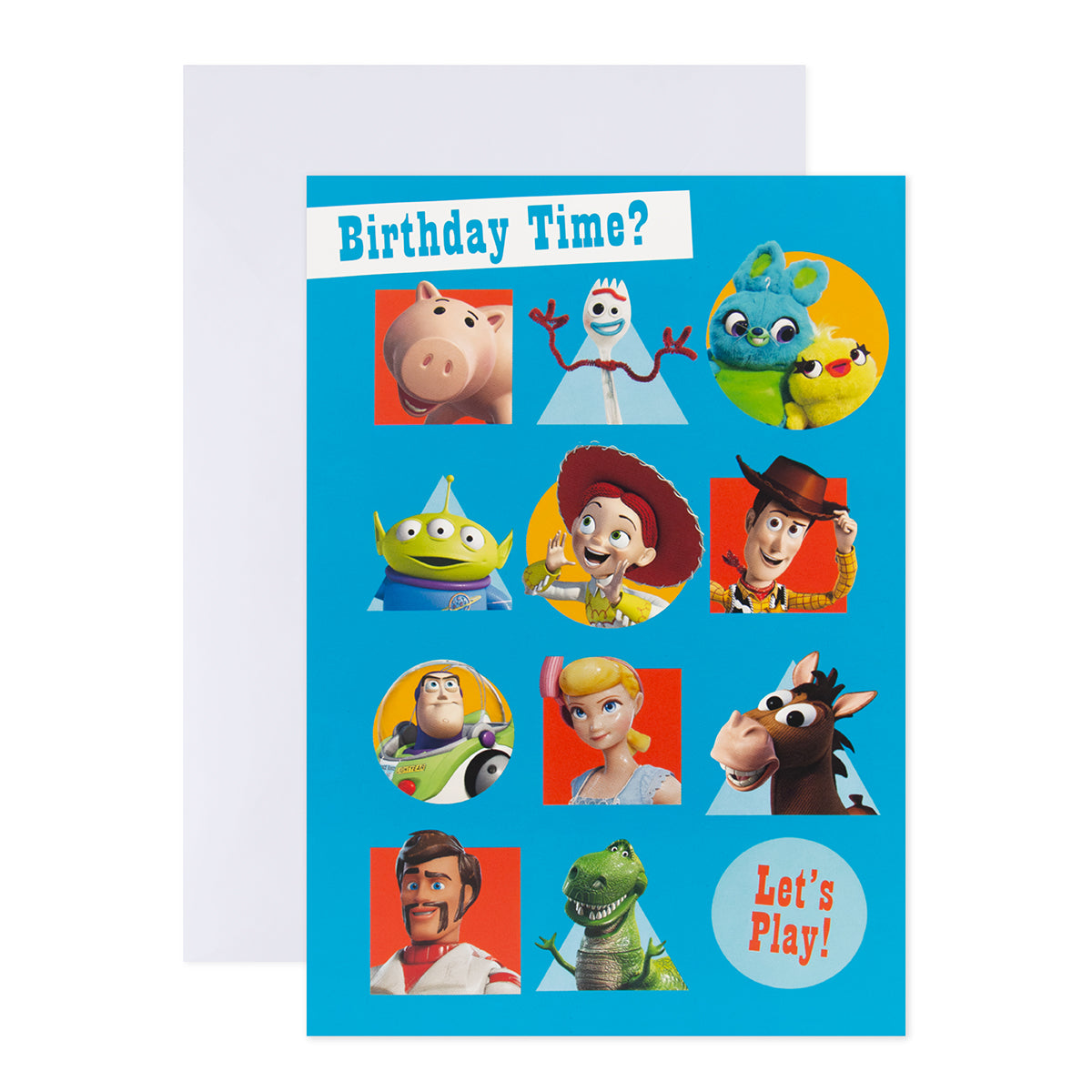 Hallmark Interactive Sound Card - Disney Pixar Toy Story featuring vibrant Toy Story characters and playful message design in a flat lay view.