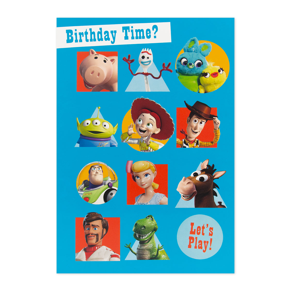 Hallmark Interactive Sound Card - Disney Pixar Toy Story featuring vibrant characters, blue background, with fun birthday messages.