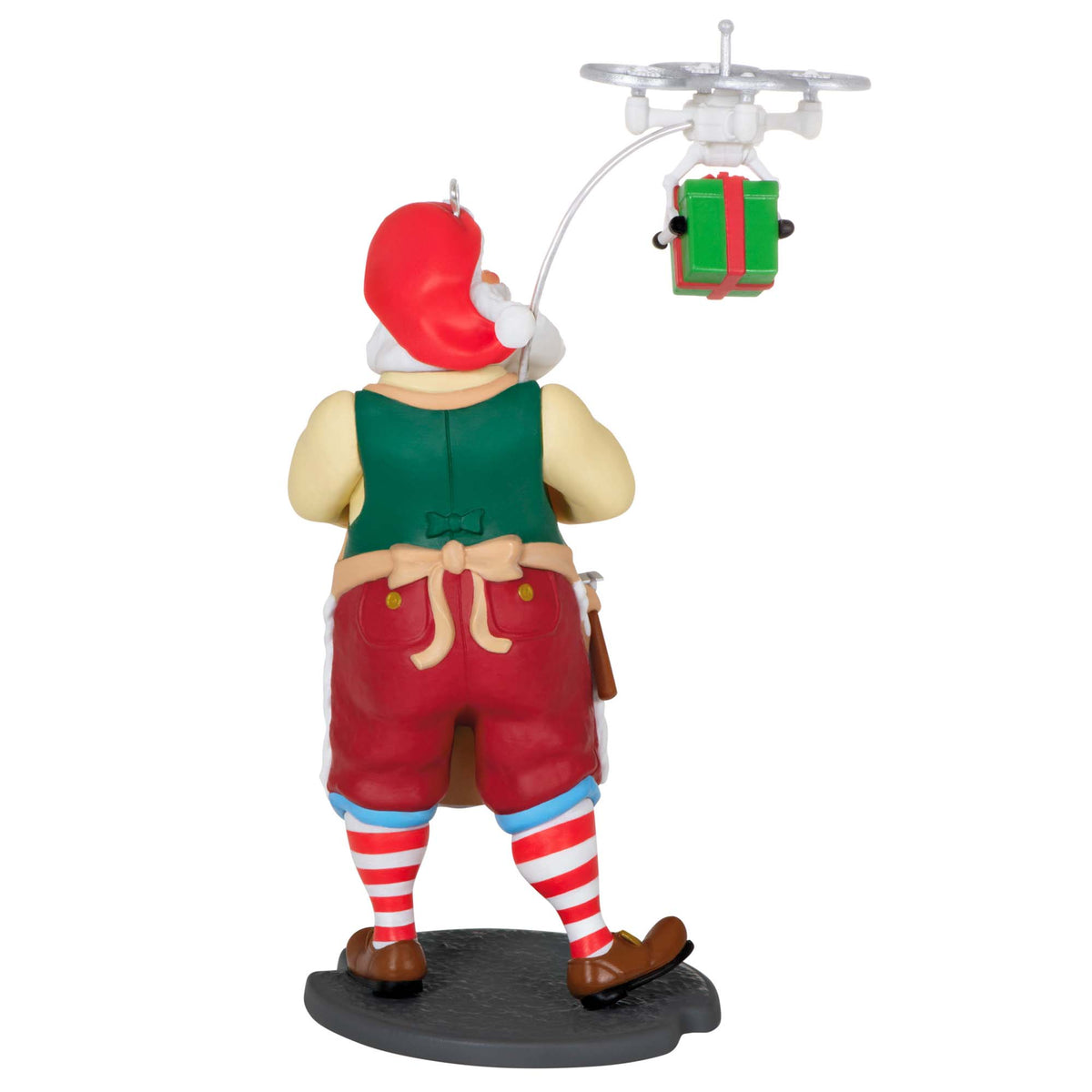 Toymaker Santa — Hallmark Keepsake Christmas Ornament, plastic, colourful, showing Santa testing a drone with a gift.