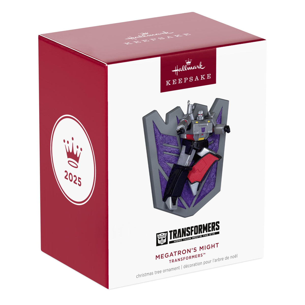 Transformers™, Megatron's Might — 2025 Hallmark Keepsake Christmas Ornament in packaging with vibrant grey and purple design.