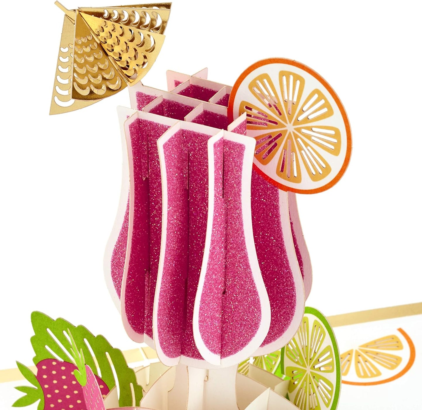 Hallmark Signature Paper Wonder Pop Up Congratulations Card, Birthday Card, College Graduation Card (Cheers, Tropical Drink) close up of pink glitter tropical drink pop-up with orange slice and umbrella