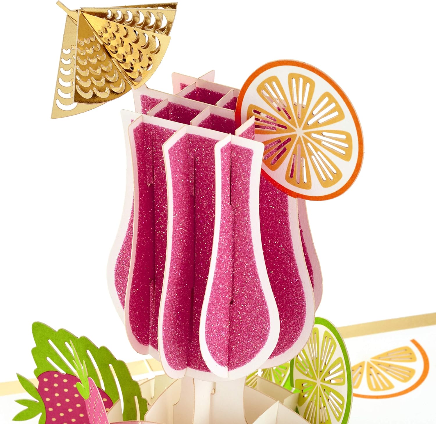 Hallmark Signature Paper Wonder Pop Up Congratulations Card, Birthday Card, College Graduation Card (Cheers, Tropical Drink) close up of pink glitter tropical drink pop-up with orange slice and umbrella