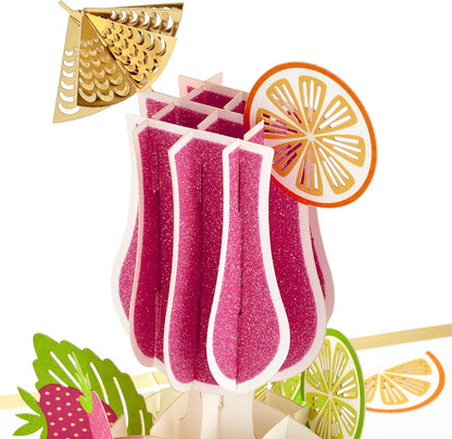 Hallmark Signature Paper Wonder Pop Up Congratulations Card, Birthday Card, College Graduation Card (Cheers, Tropical Drink) close up of pink glitter tropical drink pop-up with orange slice and umbrella